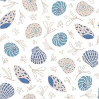 Shells seamless pattern. Summer, beach, sea life, ocean, travel, vacation elegant repeat background. Fabric, paper design. vector