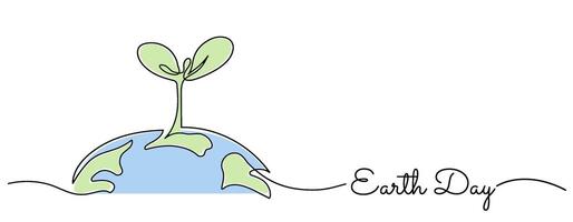 Earth Day one line art drawing with handwritten style text and green sprout growing on blue planet vector