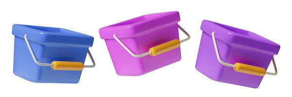 Plastic rectangular buckets 3D realistic colorful vector illustration set