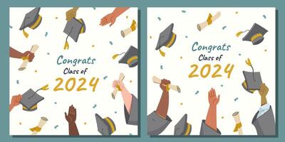 Graduation class of 2024 congratulation square cards flat design with student hands hats diplomas vector