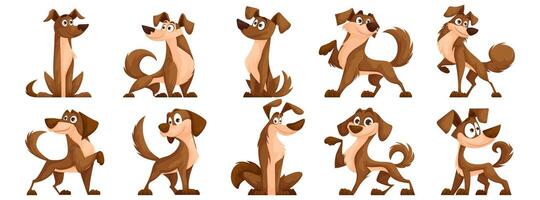 Cute dogs vector set. Cartoon characters of dogs or puppies create a collection of flat color in different poses. Set of funny pets isolated on a white background.