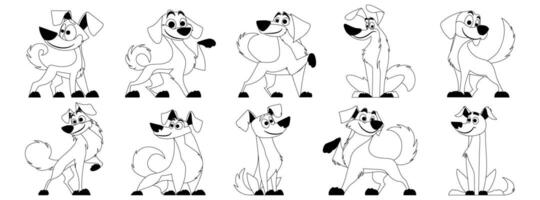 Cute dogs vector set Black linear style. Dog or puppy characters create a collection of flat color in different poses. Set of funny pets.