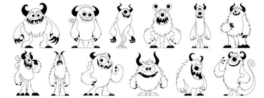 A set of furry monsters with cute, quirky, funny and evil emotions, funny and unique shapes. A furry monster with horns is posing. Strange creature. Black lines style. illustration. vector