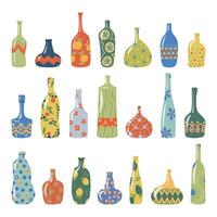 resumen ornamental botellas y floreros vector colocar. colección de moderno curvo vistoso botellas, decorado jarrones, y lanzadores vector íconos ilustración aislado en un blanco antecedentes.