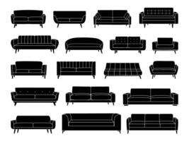 Sofas, couches, and armchairs silhouette icon set. Modern, comfortable soft furniture collection for cozy home decor design. Flat monochrome vector illustration isolated on white background.