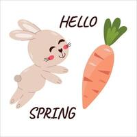 Vector Hello Spring Happy Jumping Bunny and carrot Easter illustration Flat style