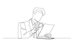 Continuous one line drawing of businessman using magnifying glass to check documents, document checking, budget analysis, contract validation concept, single line art. vector