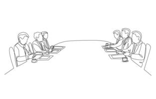 Continuous one line drawing of business representatives negotiating on table, business negotiation, deal or agreement concept, single line art. vector