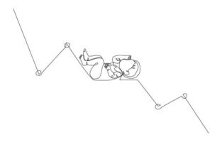 Continuous one line drawing of newborn baby on downtrend graph, low birth rate concept, single line art. vector