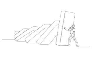 Continuous one line drawing of businessman stopping domino effect, risk management, preventing damage from crisis concept, single line art. vector