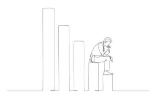 Continuous one line drawing of depressed businessman sitting on downtrend bar graph, economic recession, investment failure concept, single line art. vector
