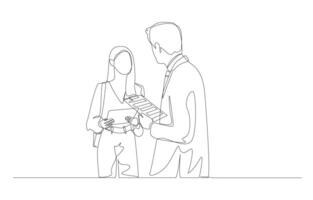 Continuous one line drawing of young lady handing job application form to businessman, job application concept, single line art. vector