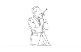 Continuous one line drawing of businessman thinking with fountain pen holding gesture, business thinking concept, single line art. vector