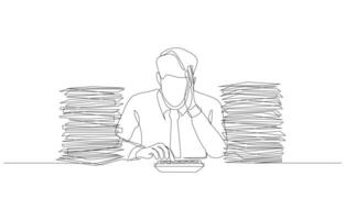 Continuous one line drawing of businessman using calculator among piles of documents, accounting and internal auditing concept, single line art. vector