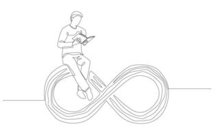 Continuous one line drawing of man sitting on infinity sign reading book, lifelong learning, education concept, single line art. vector