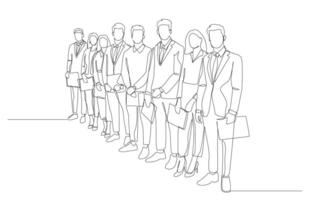 Continuous one line drawing of job applicants line up for job interviews, job recruitment concept, single line art. vector