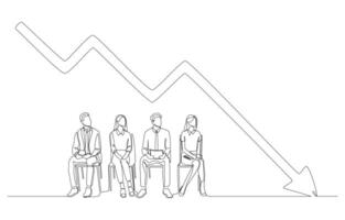 Continuous one line drawing of job applicants queue for interviews under downward arrow, low employment rate concept, single line art. vector