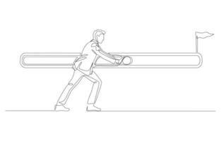 Continuous one line drawing of businessman pushing project progress bar forward, work progress, effort to finish work before deadline concept, single line art. vector