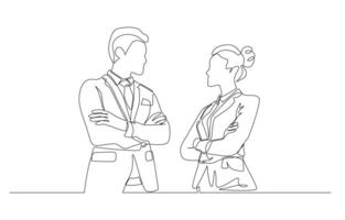 Continuous one line drawing of businessman and businesswoman standing face to face, business competition concept, single line art. vector
