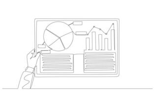 Continuous one line drawing of hand holding statistical report chart, business data analysis, marketing researching concept, single line art. vector