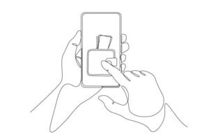 Continuous one line drawing of hand holding smart phone with wallet on screen, mobile banking or digital wallet concept, single line art. vector