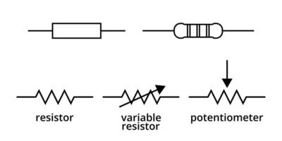 resistor,rheostat or variable resistor, and potentiometer symbol set isolated on white background vector