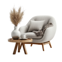 AI generated Cozy armchair and coffee table isolated on transparent background With clipping path.3d render png