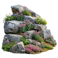 Cutout rock surrounded by flowers. isolated on transparent background With clipping path.3d render png