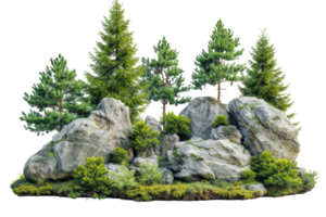 AI generated Cutout rock surrounded by fir trees. Garden design isolated on transparent background With clipping path.3d render png