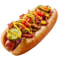 AI generated Delicious hot dog with mustard and pickled cucumbers isolated on transparent background With clipping path. png