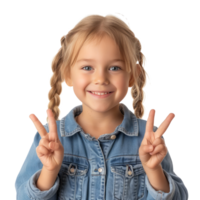 ai gerado fofa sorridente pequeno menina criança com dois dedos acima isolado em transparente fundo com recorte caminho.3d render png