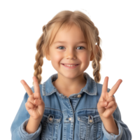 ai généré mignonne souriant peu fille enfant avec deux les doigts en haut isolé sur transparent Contexte avec coupure chemin.3d rendre png