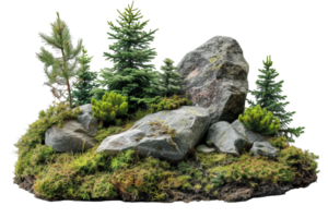 AI generated Cutout rock surrounded by fir trees. Garden design isolated on transparent background With clipping path.3d render png