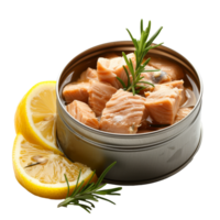 AI generated Delicious canned tuna chunks with lemon and rosemary isolated on transparent background With clipping path.render png