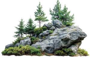 AI generated Cutout rock surrounded by fir trees. Garden design isolated on transparent background With clipping path.3d render png