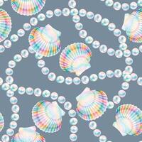 Vector seamless pattern with string of pearls and shells on grey background