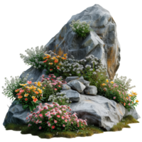 AI generated Cutout rock surrounded by flowers. isolated on transparent background With clipping path.3d render png