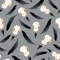 Seamless pattern of raven skulls and black feathers on grey background vector