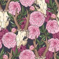 Vector seamless pattern with deer skulls and pink peonies