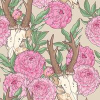 Vector seamless pattern with deer skulls and pink peonies