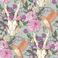 Vector seamless pattern with deer skulls, birds and pink peonies