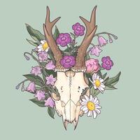 Deer skull with meadow flowers vector illustration on dark background