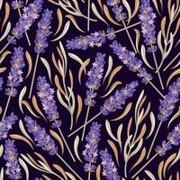 Dry lavender with leaves vector seamless pattern on black background