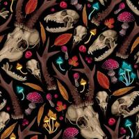 Vector seamless pattern with animal skulls and forest flora on black background