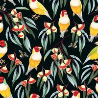 Seamless pattern with hand drawn colored eucalyptus flowers and birds vector