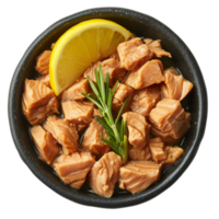 AI generated Delicious canned tuna chunks with lemon and rosemary isolated on transparent background With clipping path png