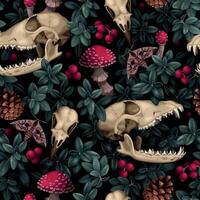 Vector seamless pattern with animal skulls and forest flora on black background