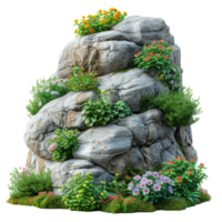 AI generated Cutout rock surrounded by flowers. isolated on transparent background With clipping path.3d render png