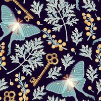 Moon moth and flowers vector seamless pattern on dark background