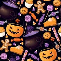 Sweets candies and colorful lollipops in cauldron halloween seamless pattern vector illustrations